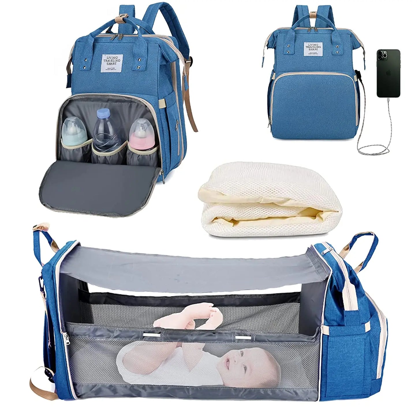 3 in 1 Diaper Bag Backpack with Crib & Mosquito Net