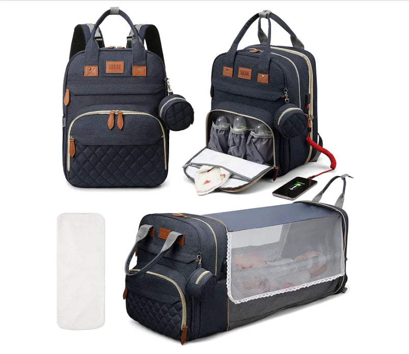 3 in 1 Diaper Bag Backpack with Crib & Mosquito Net
