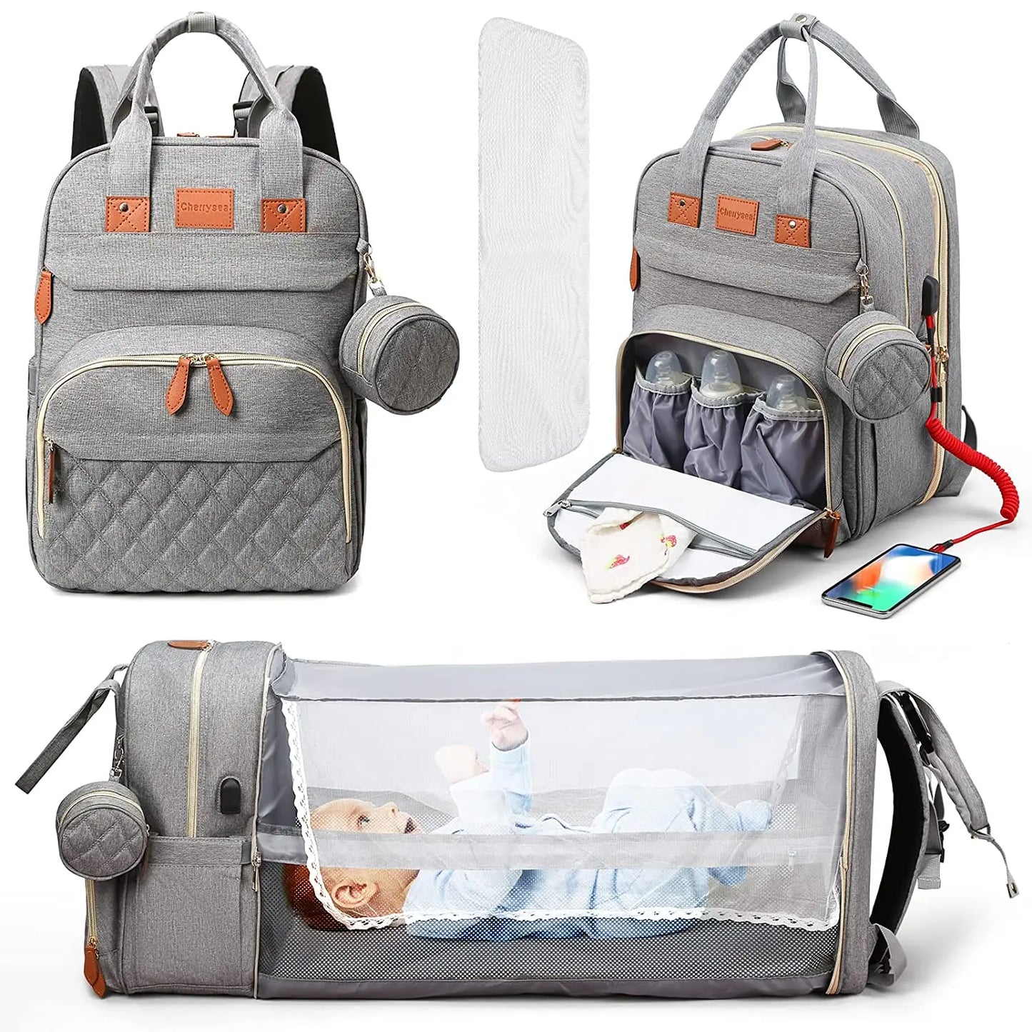 3 in 1 Diaper Bag Backpack with Crib & Mosquito Net