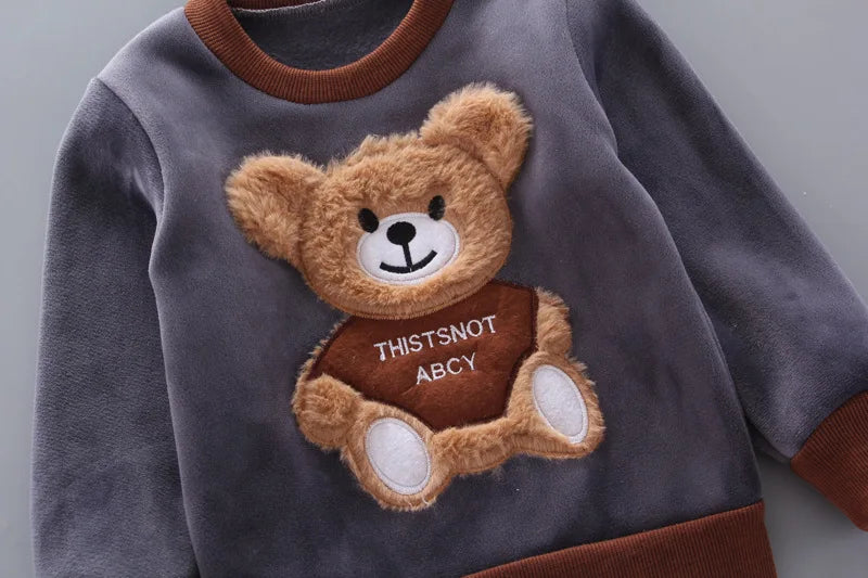 Yellow Autumn Winter Baby Boys Clothes Sets Thick Fleece Cartoon Bear Jacket Vest Pants 3Pcs Cotton Sport Suit For Girls Warm Outfits