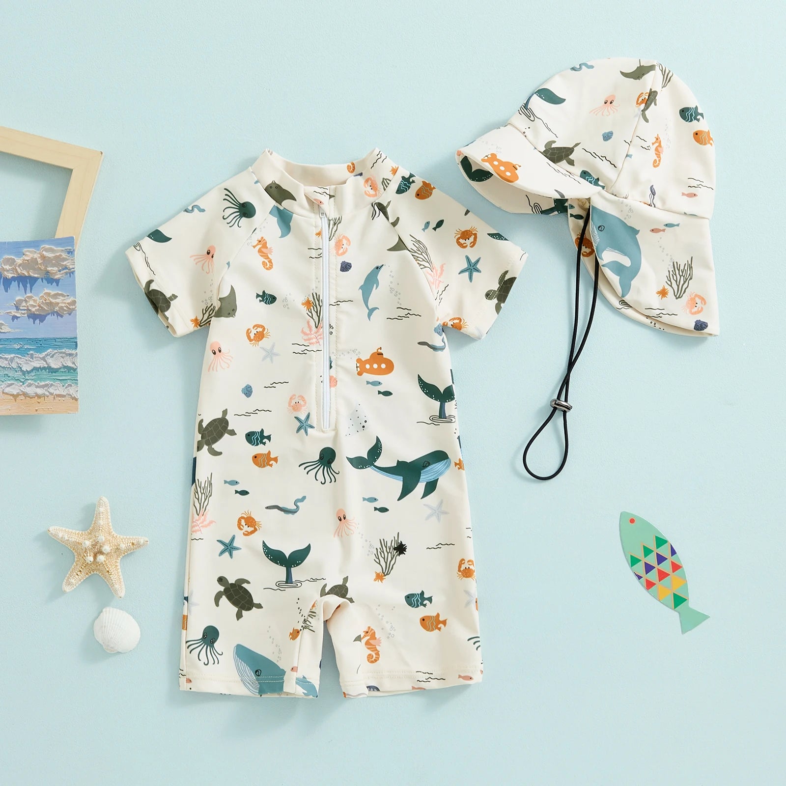 Adorable Infant Baby Boys Swimsuit with Hat Set
