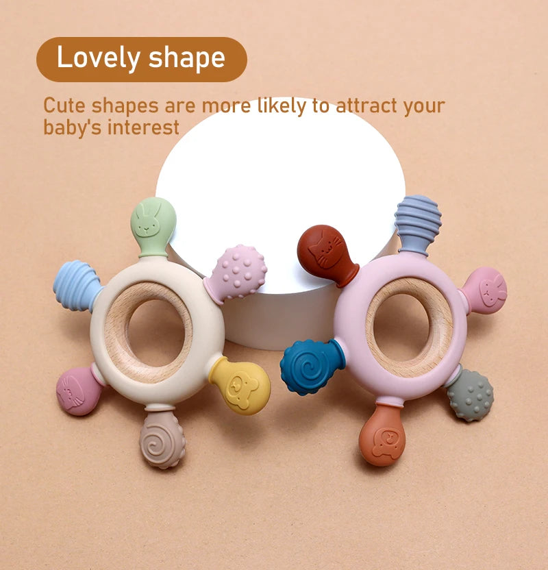 Color Kids Silicone Baby Toys Rudder Shape Wooden Ring Teether Toys Infant Chewing Nursing Toy Newborn Molar Baby Accessories