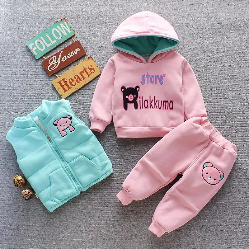 Yellow Autumn Winter Baby Boys Clothes Sets Thick Fleece Cartoon Bear Jacket Vest Pants 3Pcs Cotton Sport Suit For Girls Warm Outfits