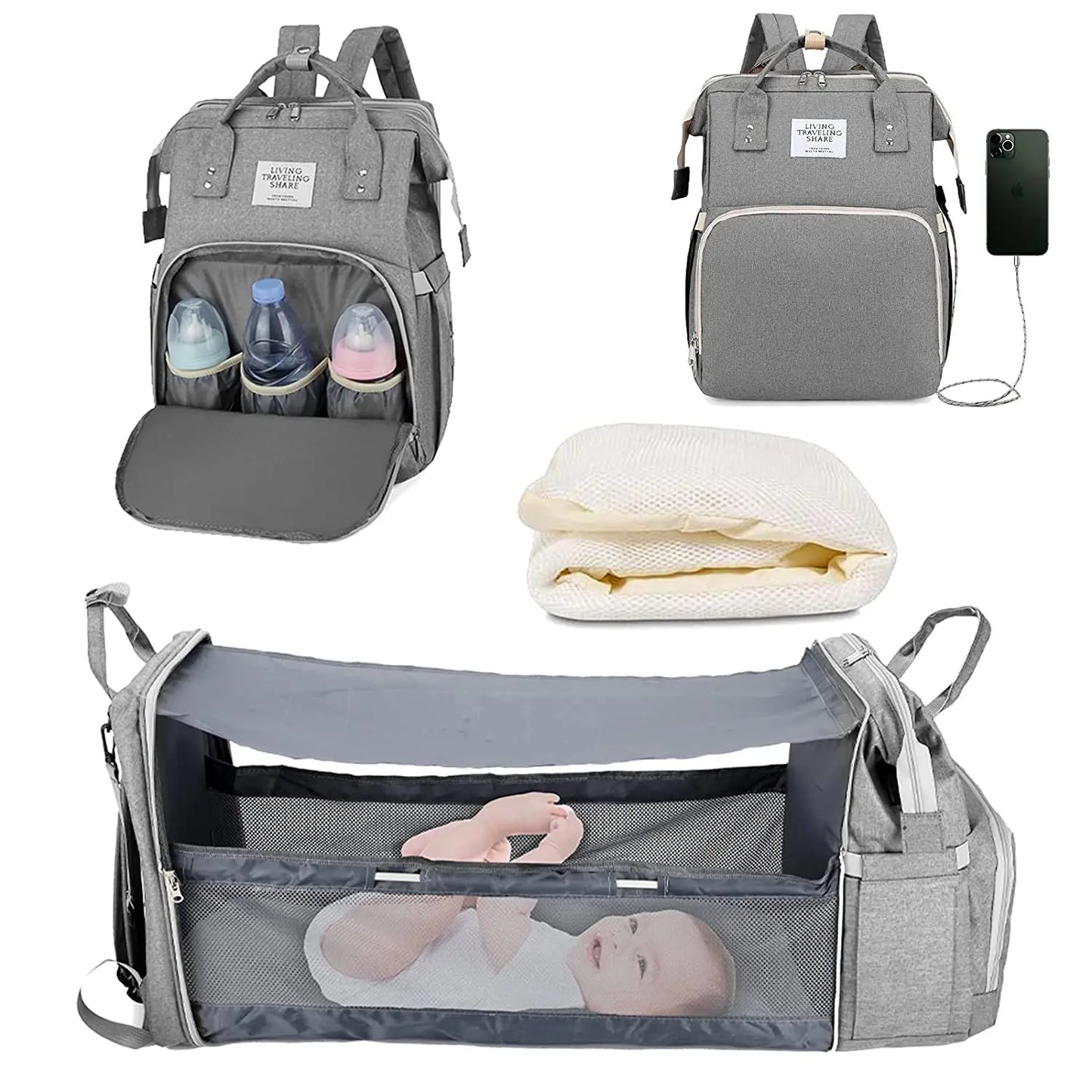 3 in 1 Diaper Bag Backpack with Crib & Mosquito Net