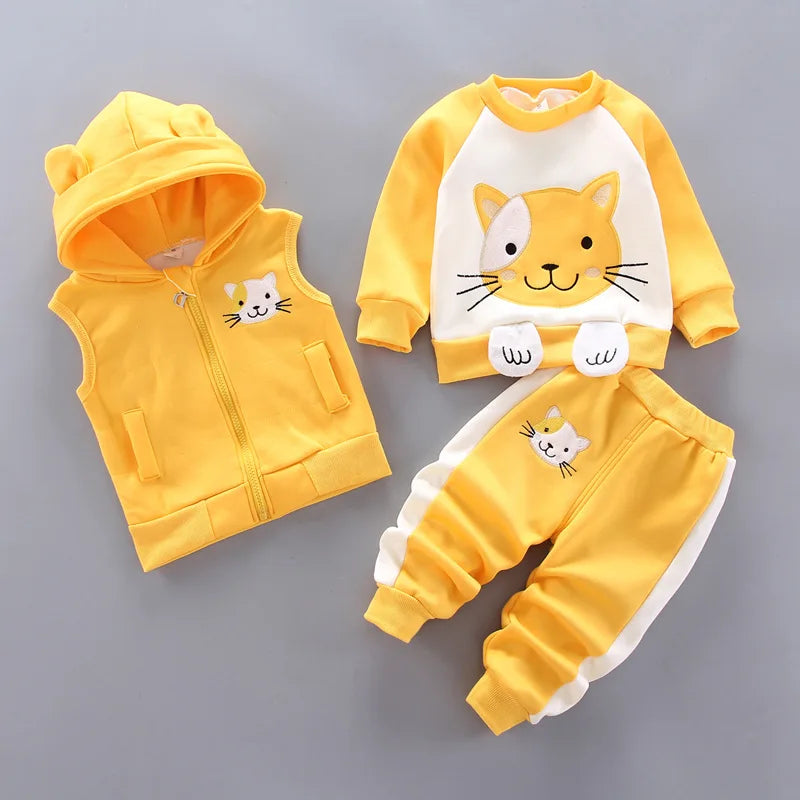 Yellow Autumn Winter Baby Boys Clothes Sets Thick Fleece Cartoon Bear Jacket Vest Pants 3Pcs Cotton Sport Suit For Girls Warm Outfits