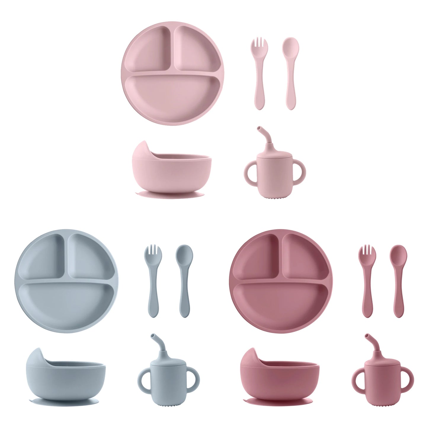 Silicone Baby Feeding Set (Sucker Bowl, Dish, Straw Cup, Spoon & Fork)