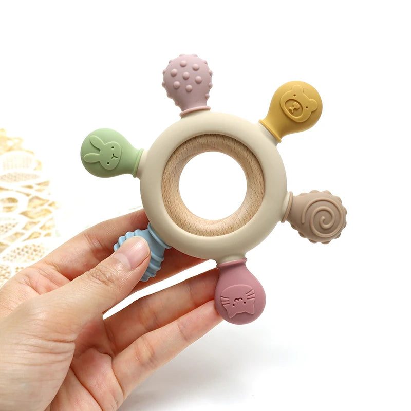 Color Kids Silicone Baby Toys Rudder Shape Wooden Ring Teether Toys Infant Chewing Nursing Toy Newborn Molar Baby Accessories