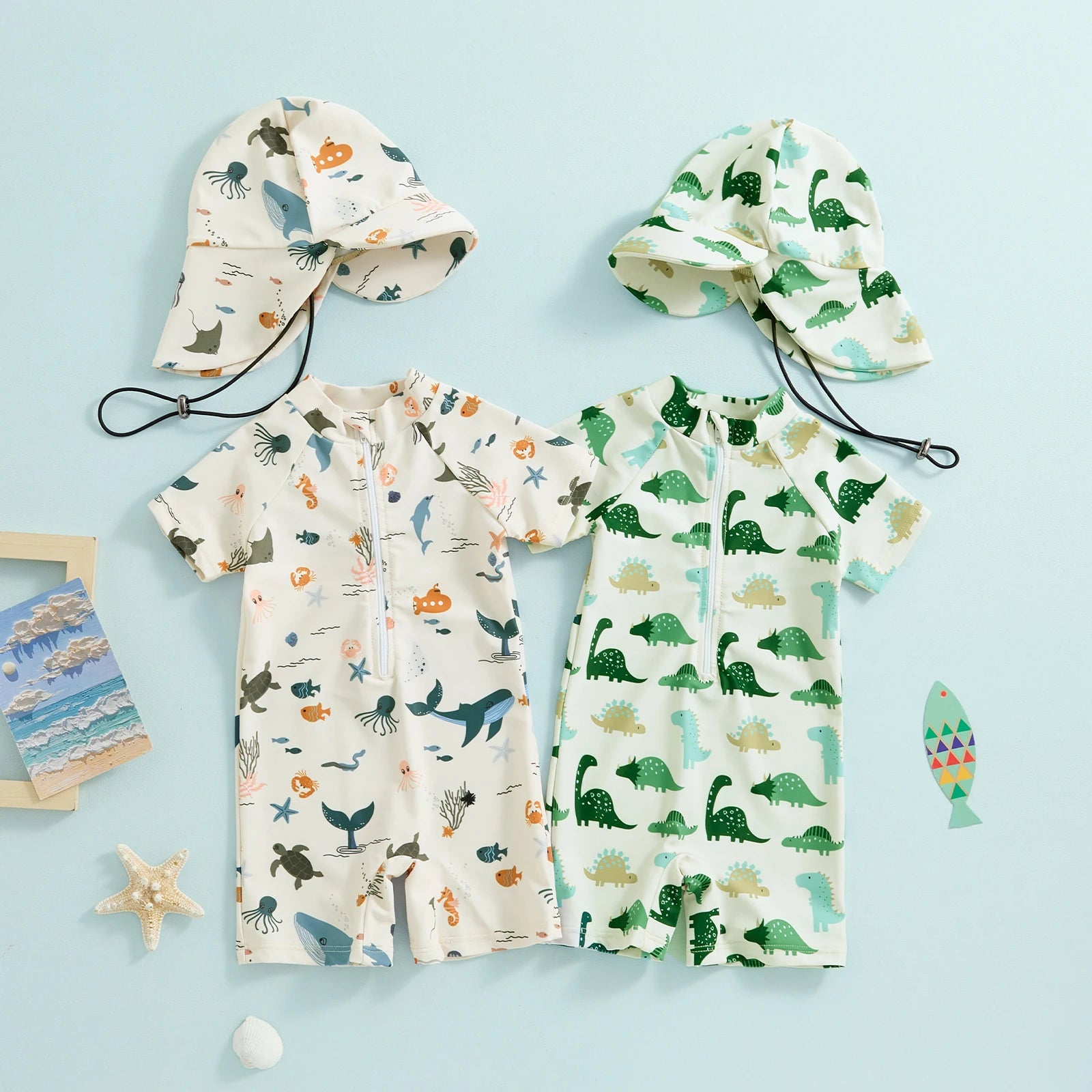 Adorable Infant Baby Boys Swimsuit with Hat Set