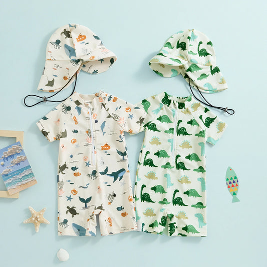 Adorable Infant Baby Boys Swimsuit with Hat Set