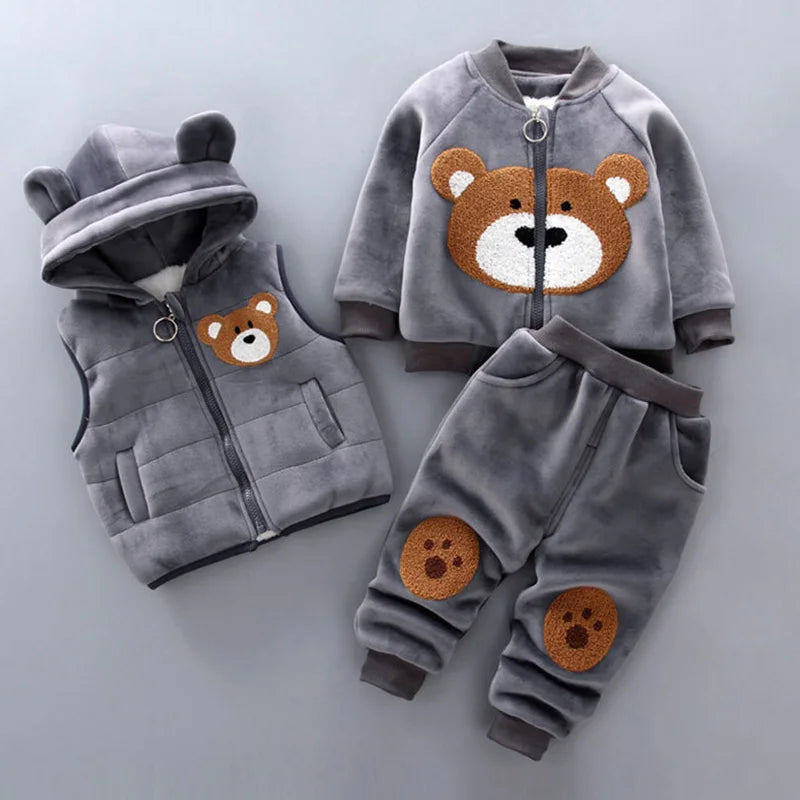 Yellow Autumn Winter Baby Boys Clothes Sets Thick Fleece Cartoon Bear Jacket Vest Pants 3Pcs Cotton Sport Suit For Girls Warm Outfits