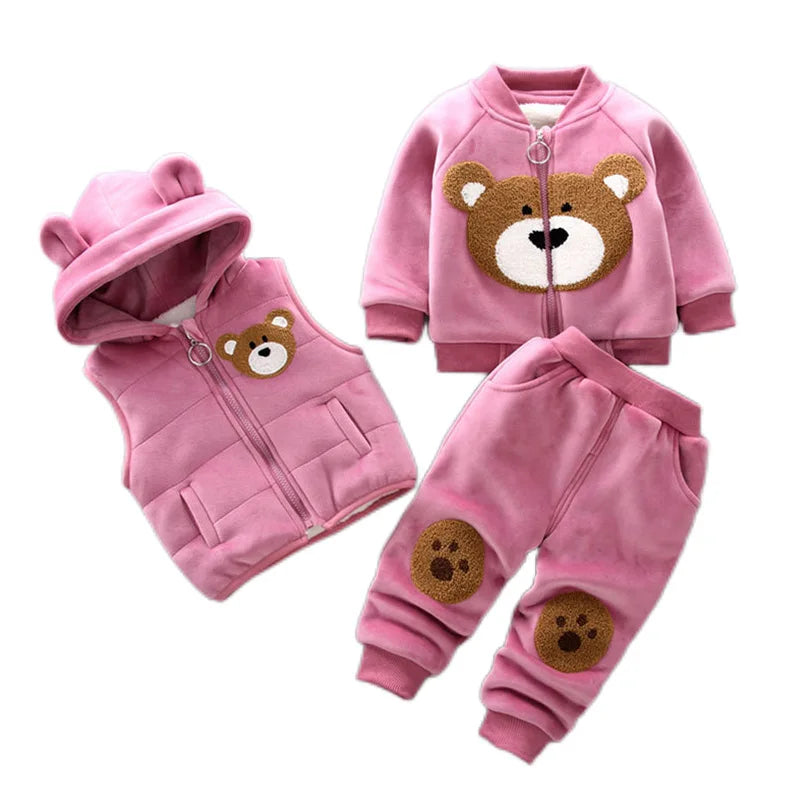 Yellow Autumn Winter Baby Boys Clothes Sets Thick Fleece Cartoon Bear Jacket Vest Pants 3Pcs Cotton Sport Suit For Girls Warm Outfits