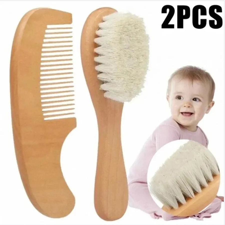 2pcs Baby Comb Set Baby Care Hair Brush Beech Soft Wool Wood Comb Newborn