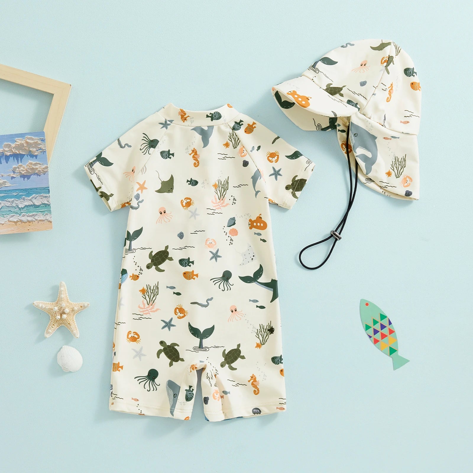 Adorable Infant Baby Boys Swimsuit with Hat Set