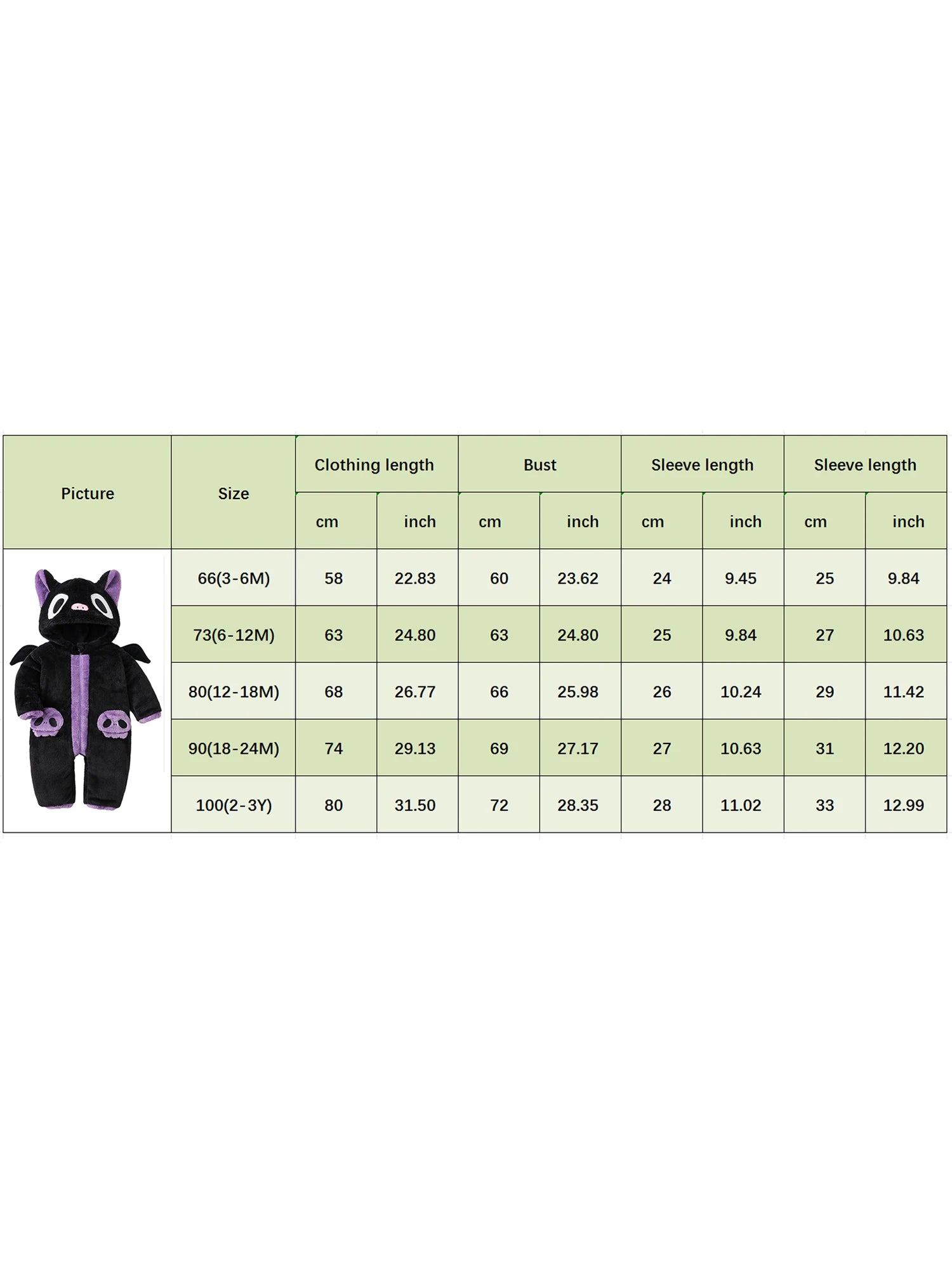Measurement chart for clothing with a black and purple plush toy on a white background