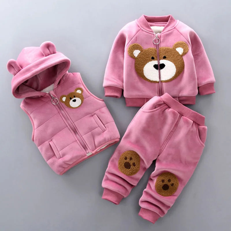 Yellow Autumn Winter Baby Boys Clothes Sets Thick Fleece Cartoon Bear Jacket Vest Pants 3Pcs Cotton Sport Suit For Girls Warm Outfits