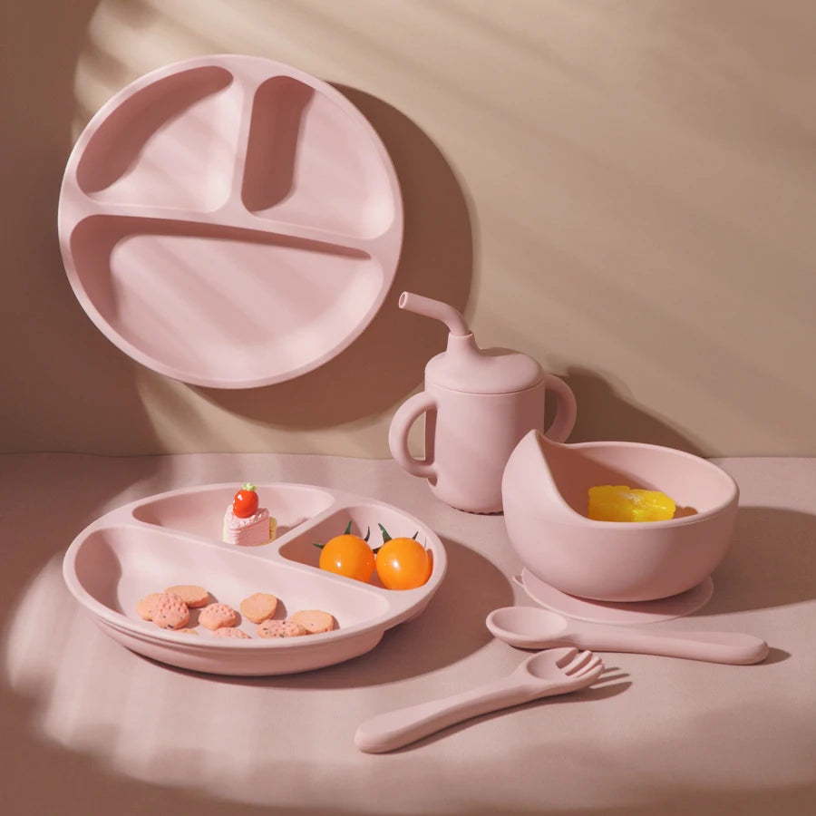 Silicone Baby Feeding Set (Sucker Bowl, Dish, Straw Cup, Spoon & Fork)