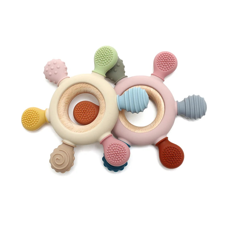 Color Kids Silicone Baby Toys Rudder Shape Wooden Ring Teether Toys Infant Chewing Nursing Toy Newborn Molar Baby Accessories