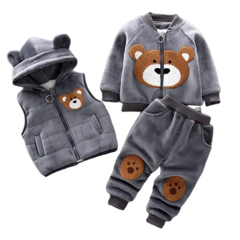 Yellow Autumn Winter Baby Boys Clothes Sets Thick Fleece Cartoon Bear Jacket Vest Pants 3Pcs Cotton Sport Suit For Girls Warm Outfits