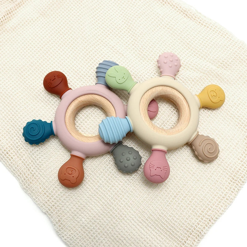 Color Kids Silicone Baby Toys Rudder Shape Wooden Ring Teether Toys Infant Chewing Nursing Toy Newborn Molar Baby Accessories