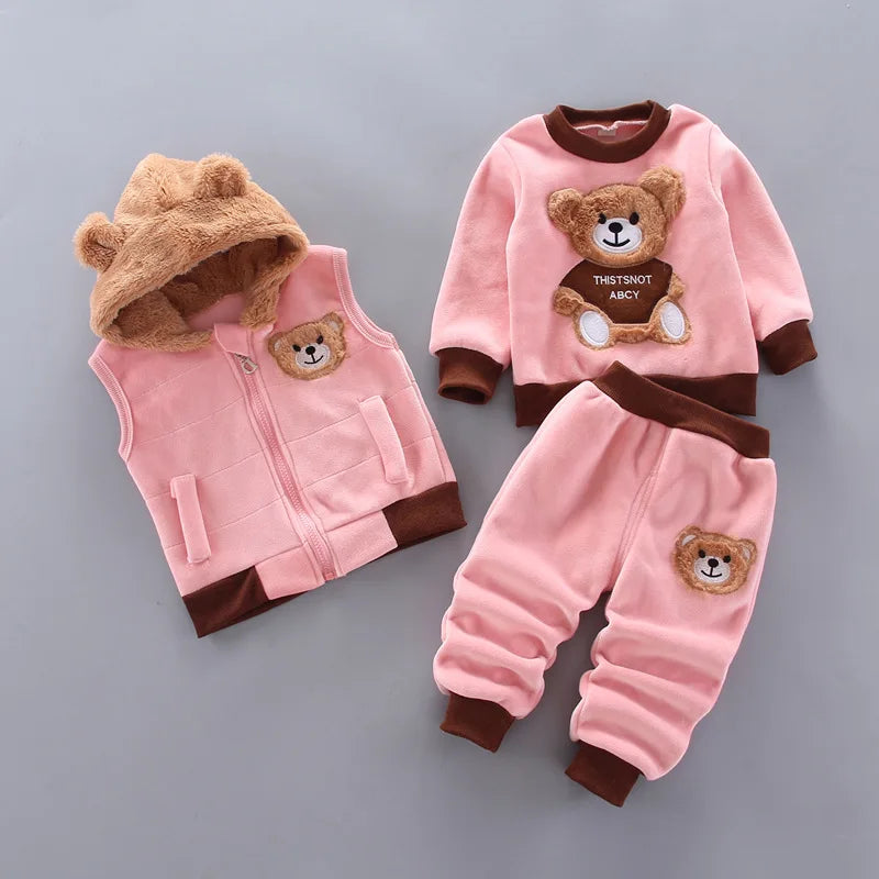 Yellow Autumn Winter Baby Boys Clothes Sets Thick Fleece Cartoon Bear Jacket Vest Pants 3Pcs Cotton Sport Suit For Girls Warm Outfits