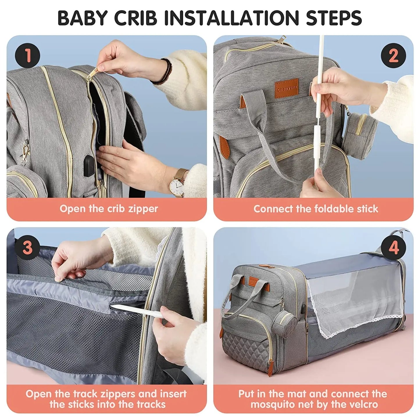 3 in 1 Diaper Bag Backpack with Crib & Mosquito Net