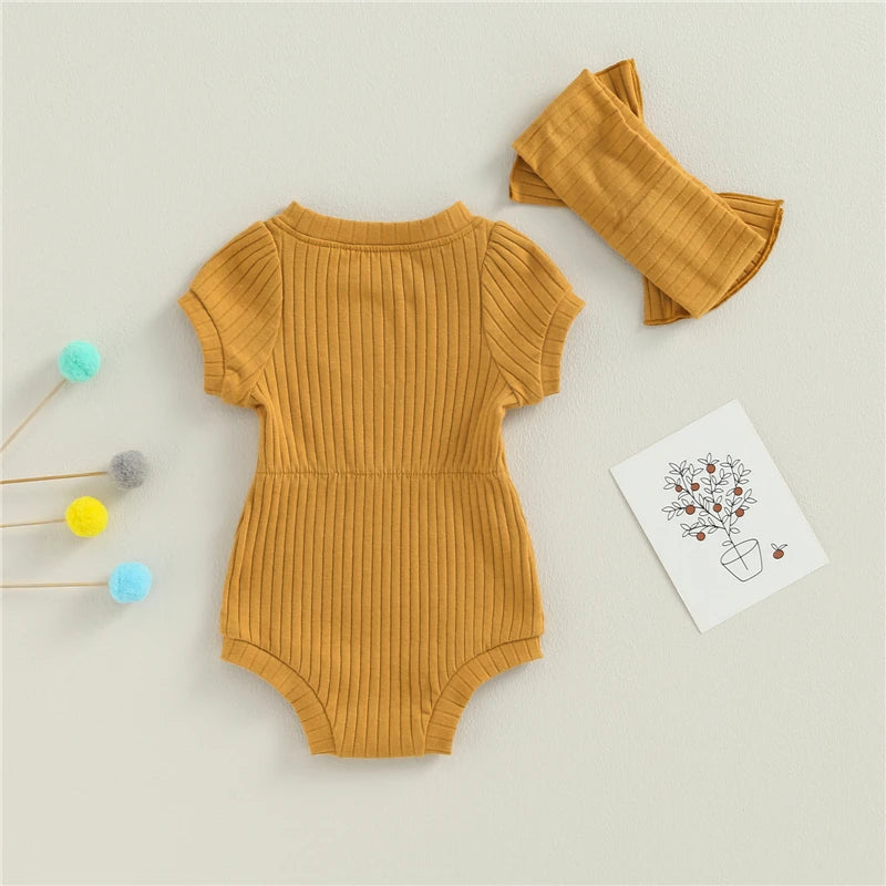 Adorable Baby Girls Cotton Romper with Bow Headband Set