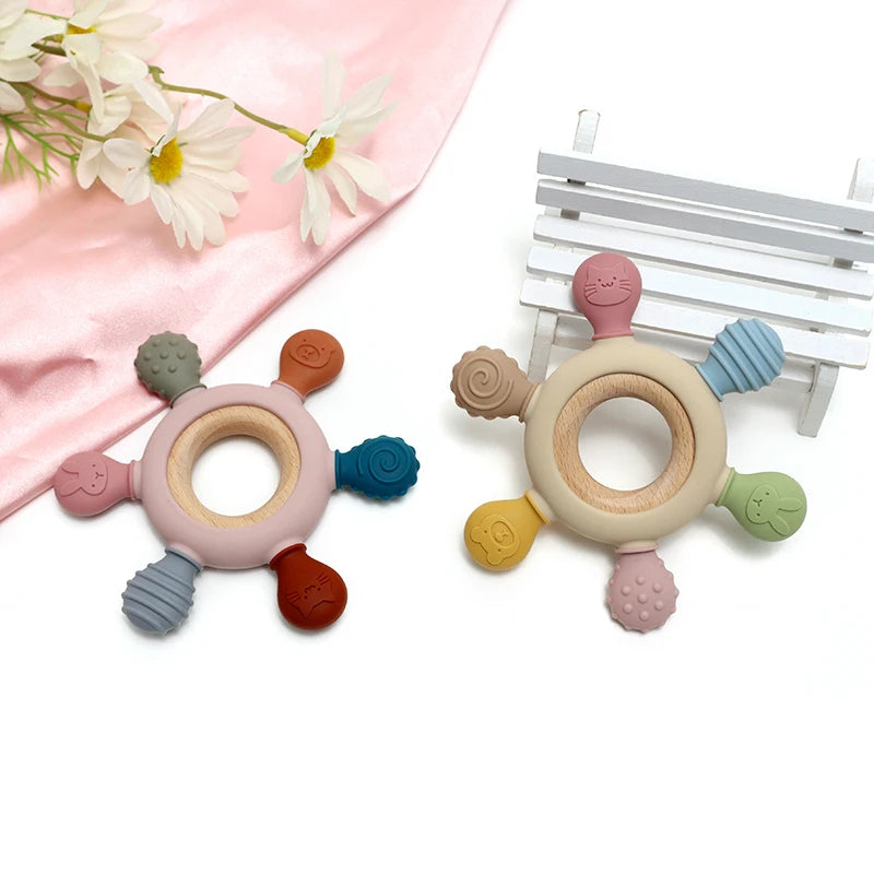 Color Kids Silicone Baby Toys Rudder Shape Wooden Ring Teether Toys Infant Chewing Nursing Toy Newborn Molar Baby Accessories