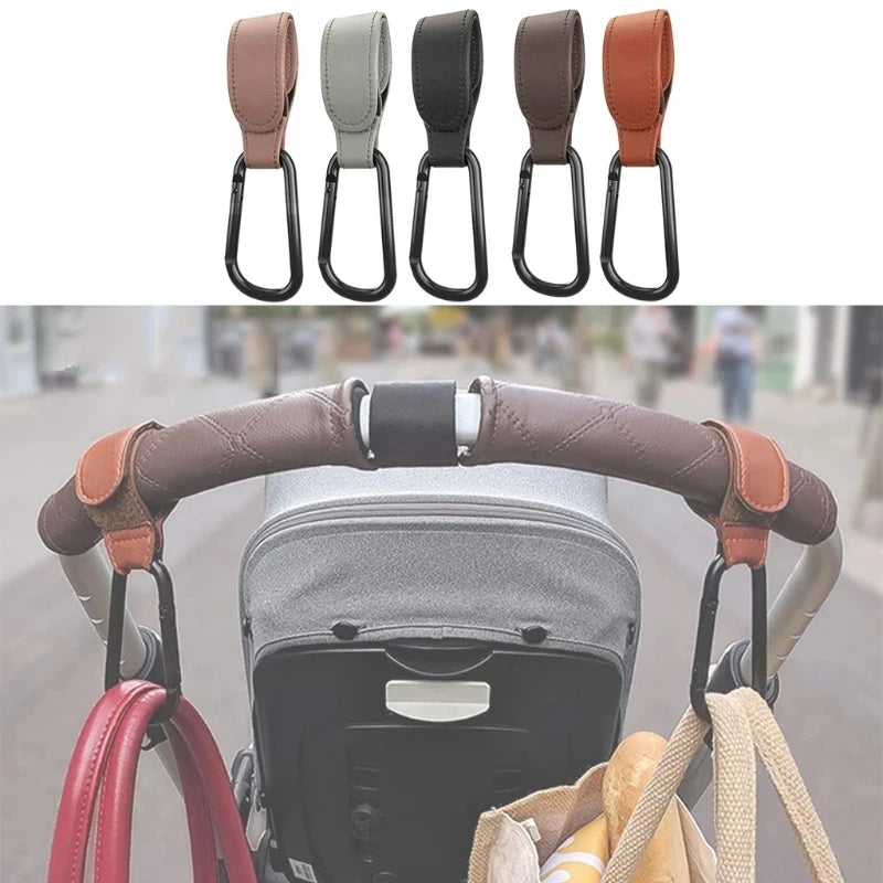 Baby Stroller Hook Clip Stroller Accessories Aluminum Alloy Hook Diaper Bag PU Leather Stroller Hook Bag Hanger