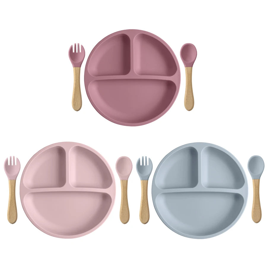 3PCs Silicone Tableware 
Silicone Dinner Plate, Wood Handle Spoon & Fork