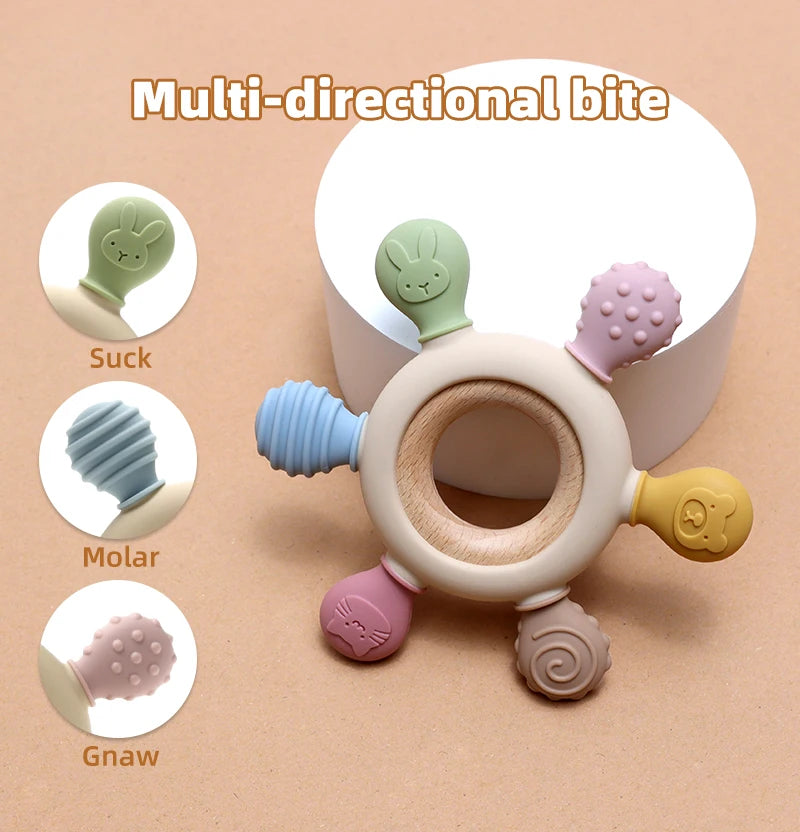 Color Kids Silicone Baby Toys Rudder Shape Wooden Ring Teether Toys Infant Chewing Nursing Toy Newborn Molar Baby Accessories