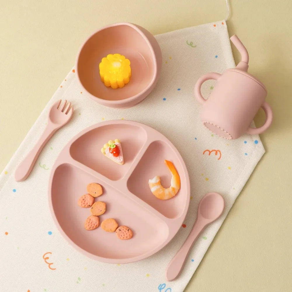 Silicone Baby Feeding Set (Sucker Bowl, Dish, Straw Cup, Spoon & Fork)