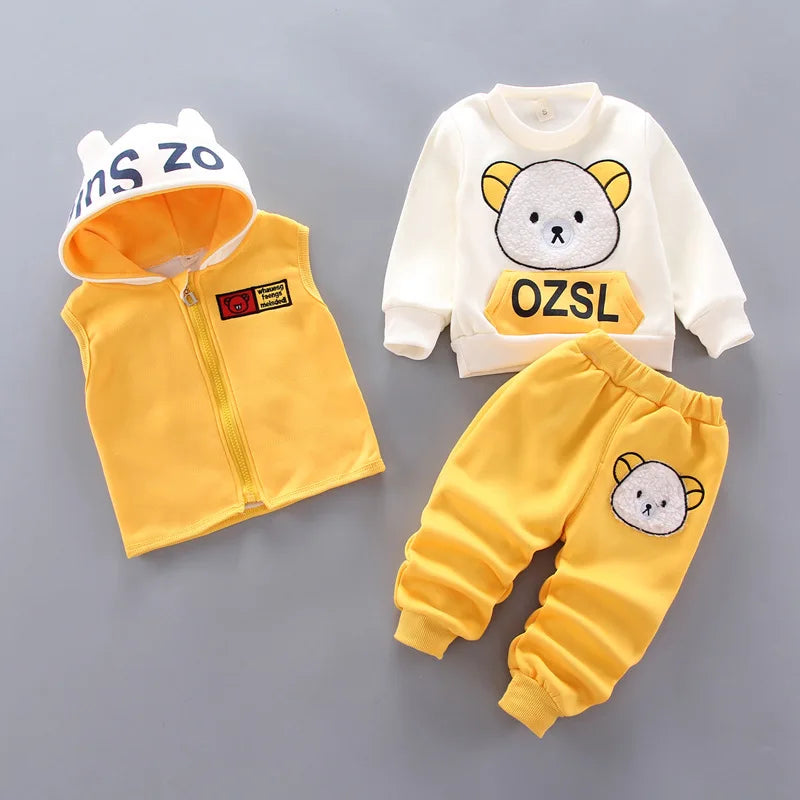 Yellow Autumn Winter Baby Boys Clothes Sets Thick Fleece Cartoon Bear Jacket Vest Pants 3Pcs Cotton Sport Suit For Girls Warm Outfits
