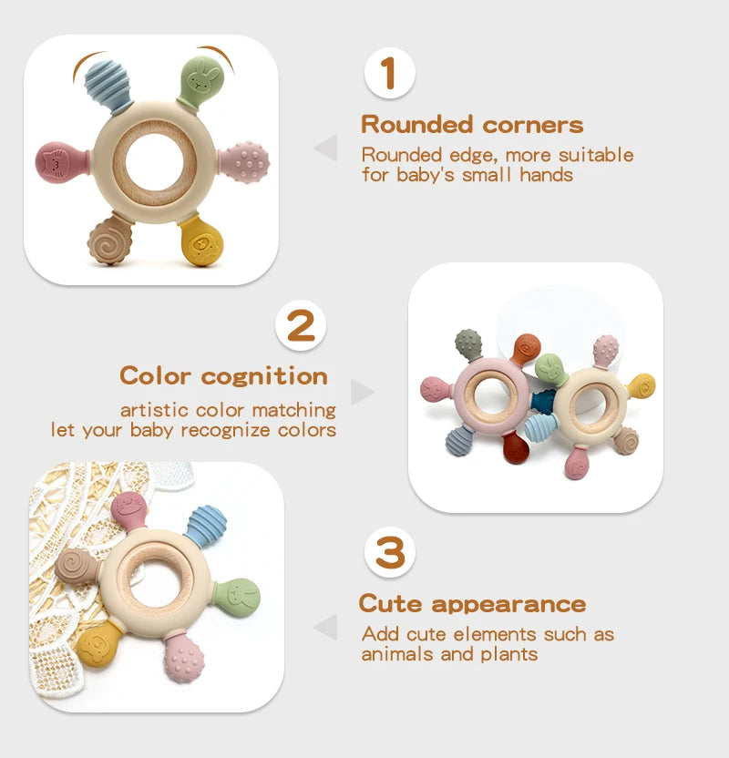 Color Kids Silicone Baby Toys Rudder Shape Wooden Ring Teether Toys Infant Chewing Nursing Toy Newborn Molar Baby Accessories