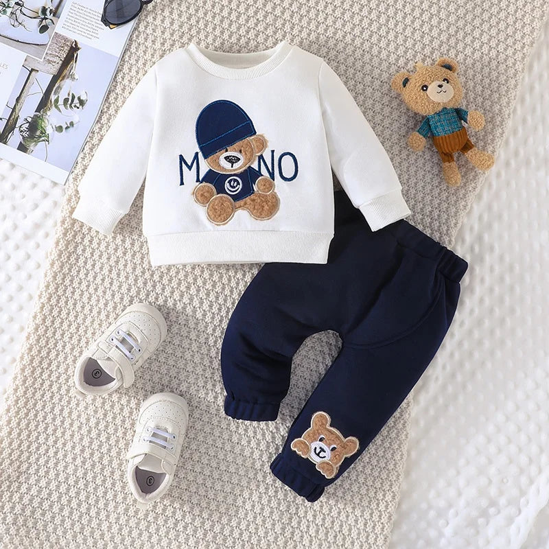 Terno For Kid 3-24Months Casual Cartoon Bear Long Sleeve tee and Navy Pants Outfit Toddler Infant Clothing Set Kids Wear