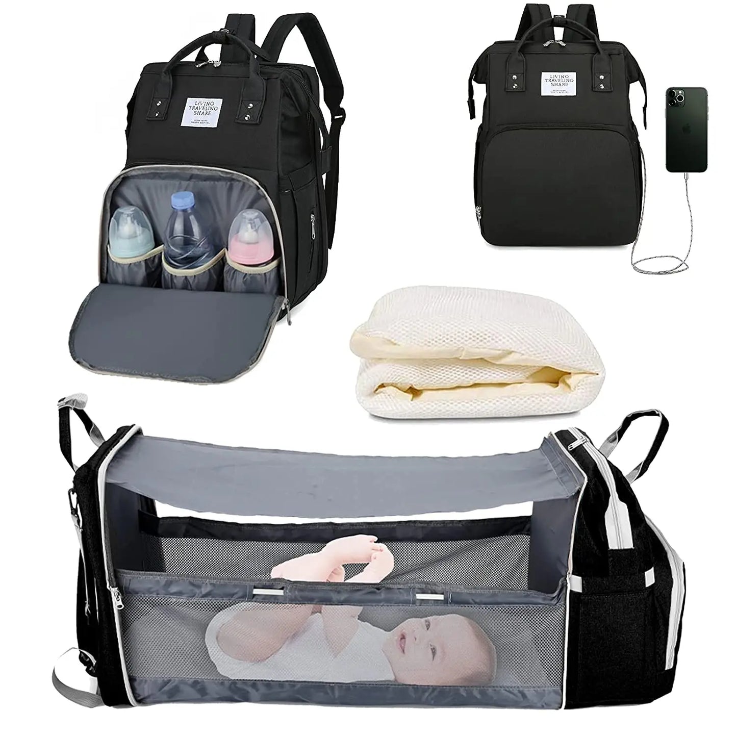 3 in 1 Diaper Bag Backpack with Crib & Mosquito Net
