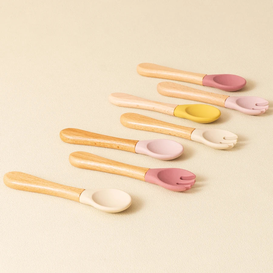 2PCS Baby Learning Spoons Utensils Set Food Grade Wooden Handle Silicone Spoon Fork Cutlery Training Spoon Feeding Tableware