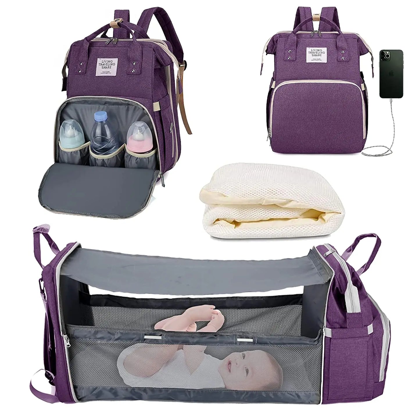 3 in 1 Diaper Bag Backpack with Crib & Mosquito Net