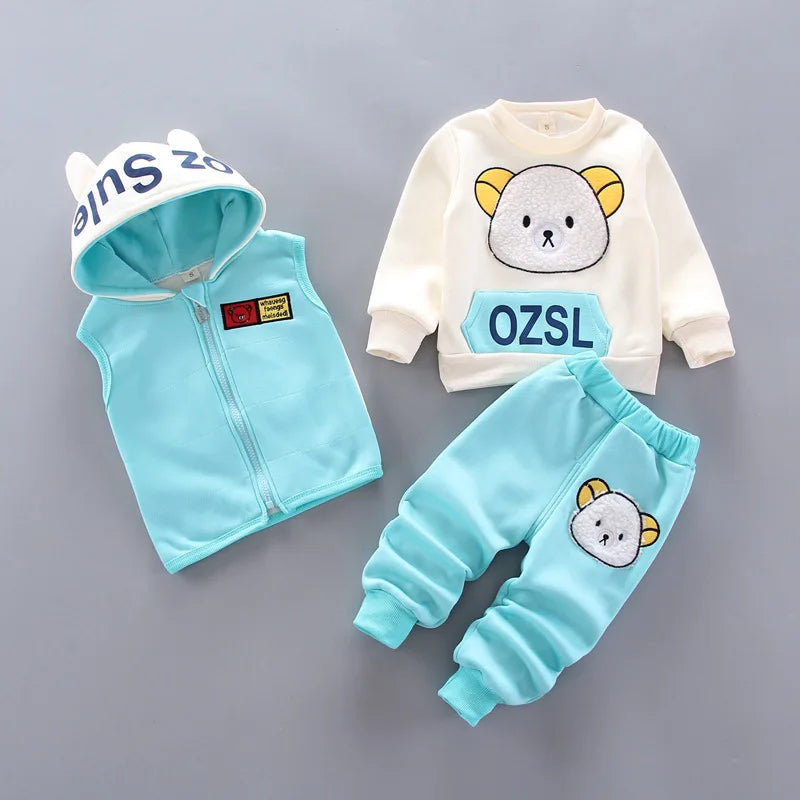 Yellow Autumn Winter Baby Boys Clothes Sets Thick Fleece Cartoon Bear Jacket Vest Pants 3Pcs Cotton Sport Suit For Girls Warm Outfits