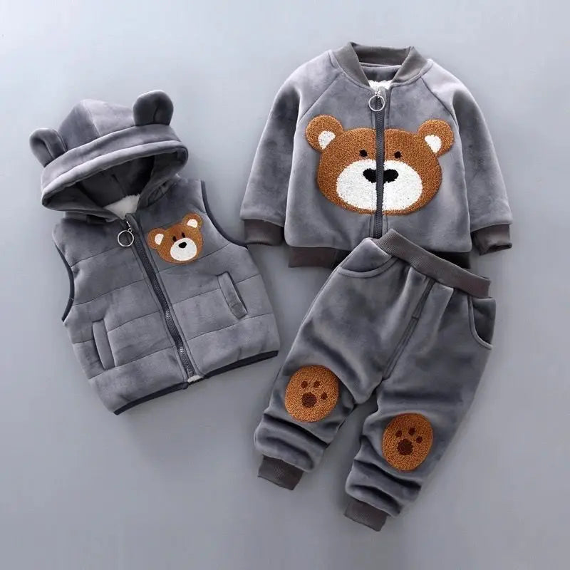 Yellow Autumn Winter Baby Boys Clothes Sets Thick Fleece Cartoon Bear Jacket Vest Pants 3Pcs Cotton Sport Suit For Girls Warm Outfits