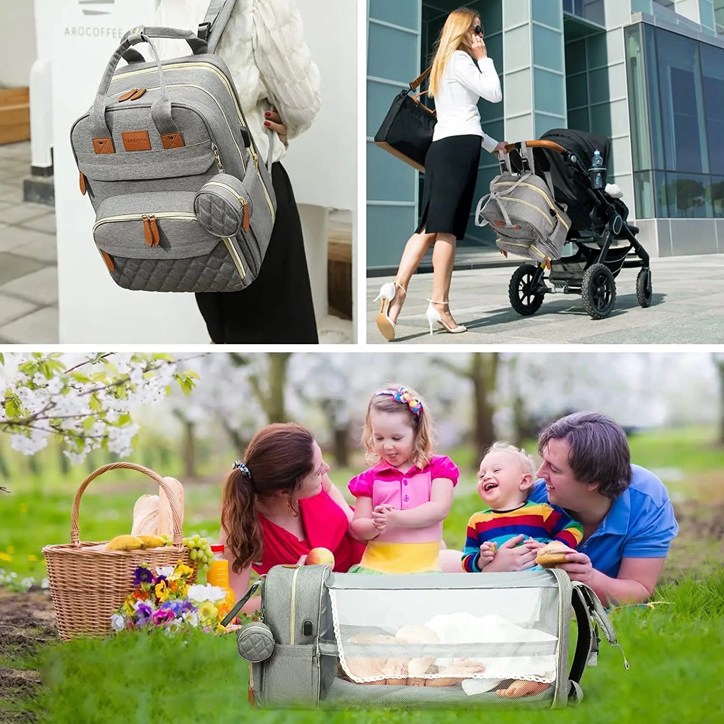 3 in 1 Diaper Bag Backpack with Crib & Mosquito Net