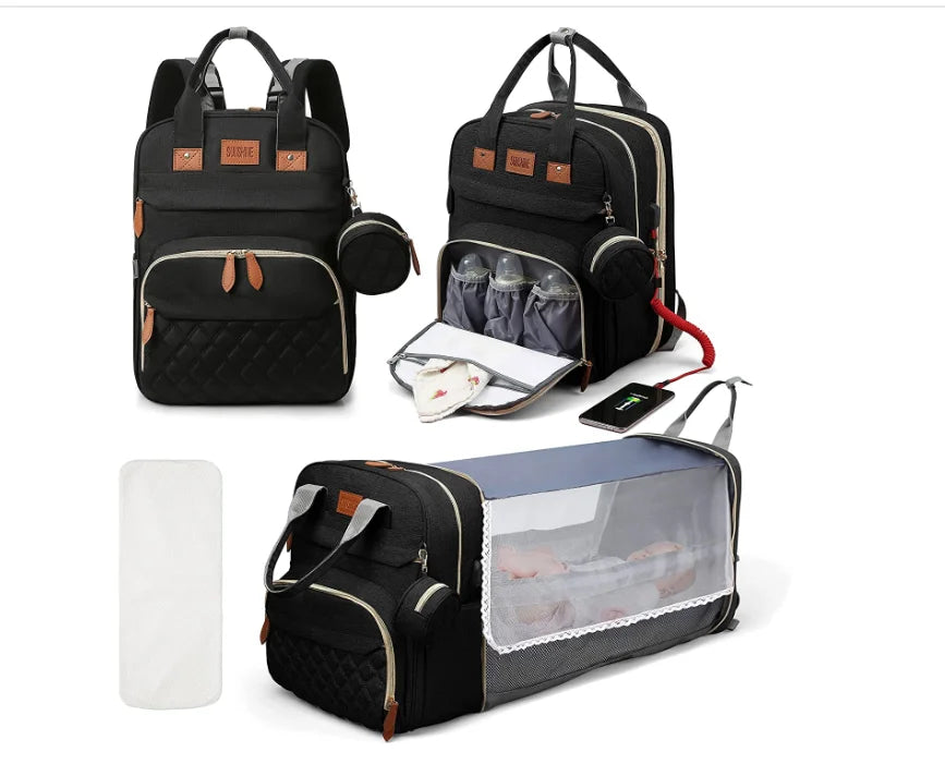3 in 1 Diaper Bag Backpack with Crib & Mosquito Net