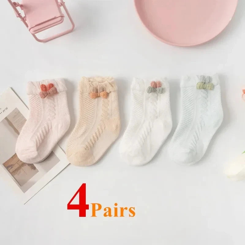Soft Baby Girl Socks with Bows – 4 Pairs of Cute Style