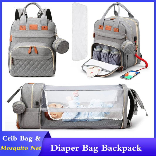 3 in 1 Diaper Bag Backpack with Crib & Mosquito Net