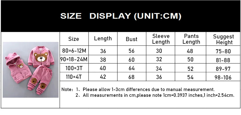 Yellow Autumn Winter Baby Boys Clothes Sets Thick Fleece Cartoon Bear Jacket Vest Pants 3Pcs Cotton Sport Suit For Girls Warm Outfits
