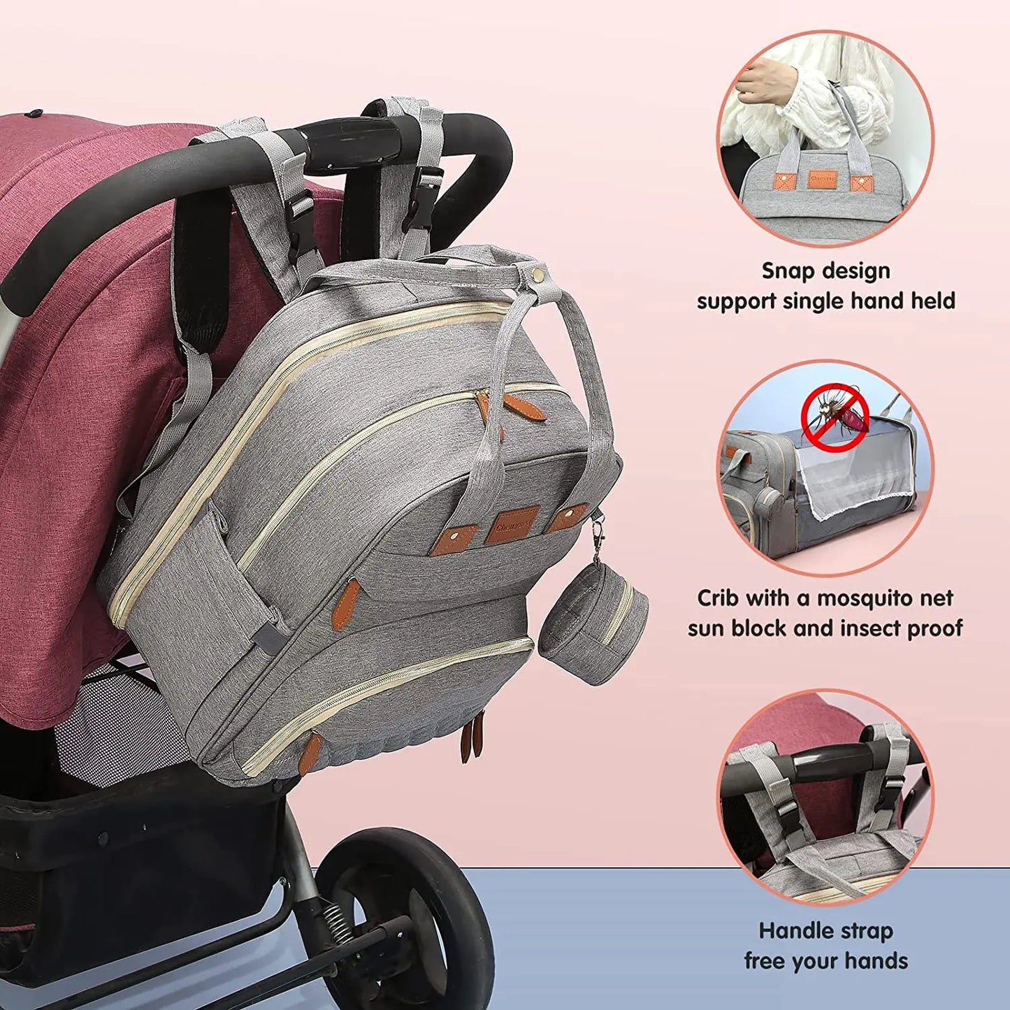 3 in 1 Diaper Bag Backpack with Crib & Mosquito Net