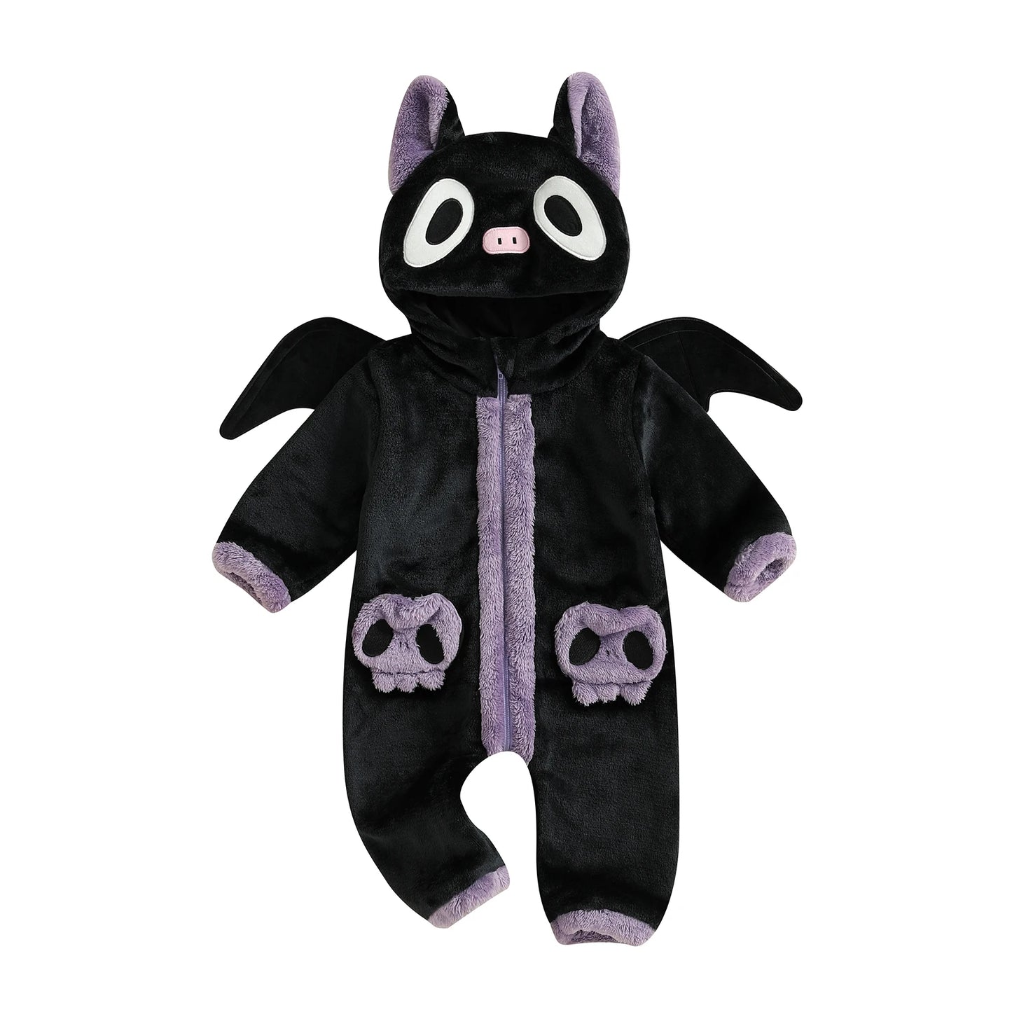 Black and purple baby onesie with bat design on a white background