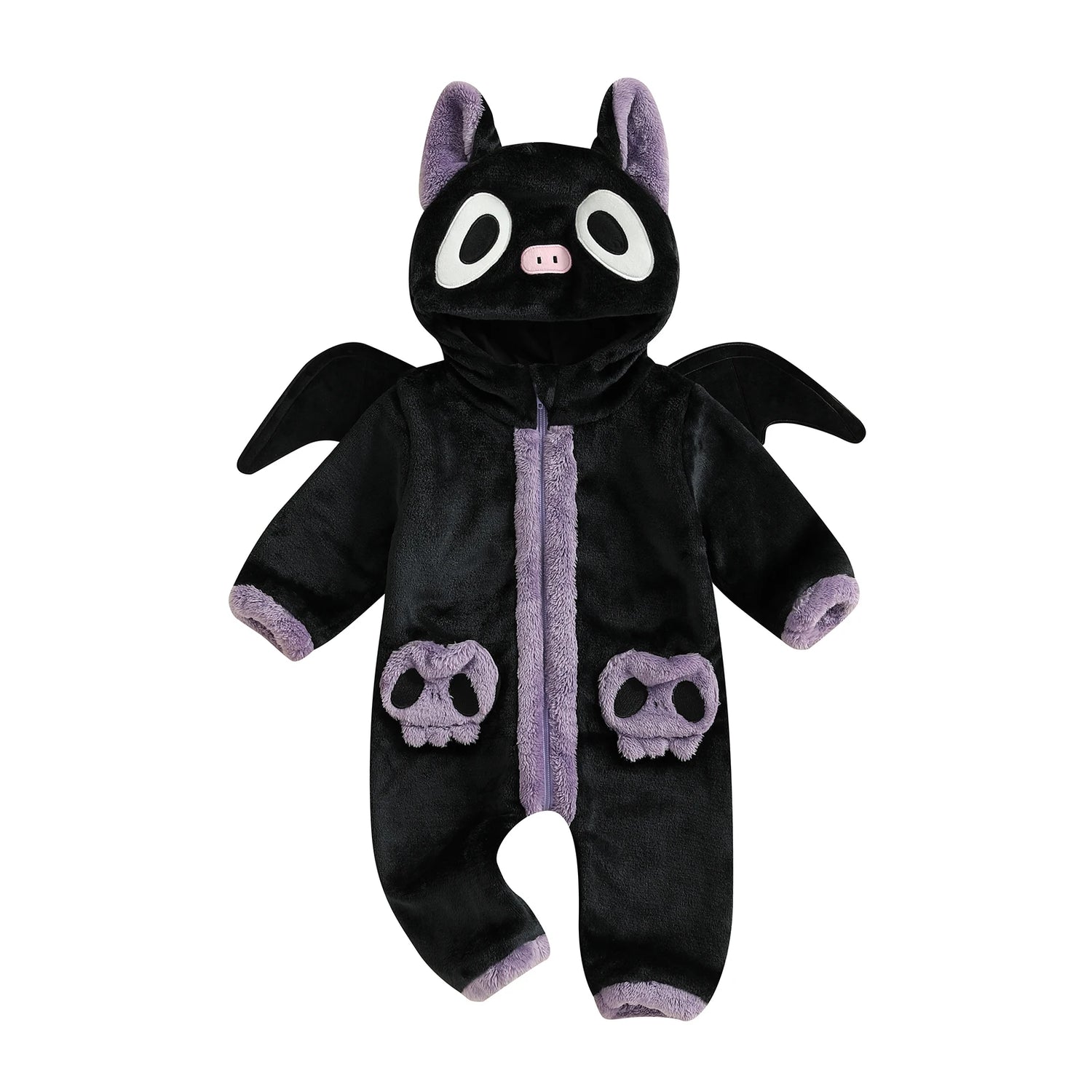 Black and purple baby onesie with bat design on a white background