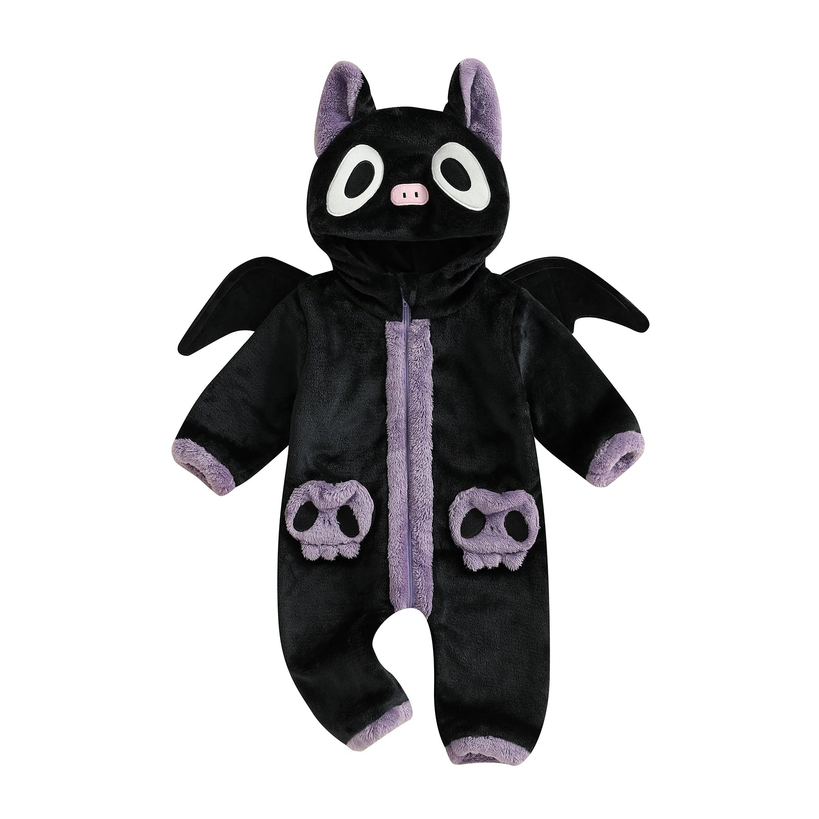 Black and purple baby onesie with bat design on a white background