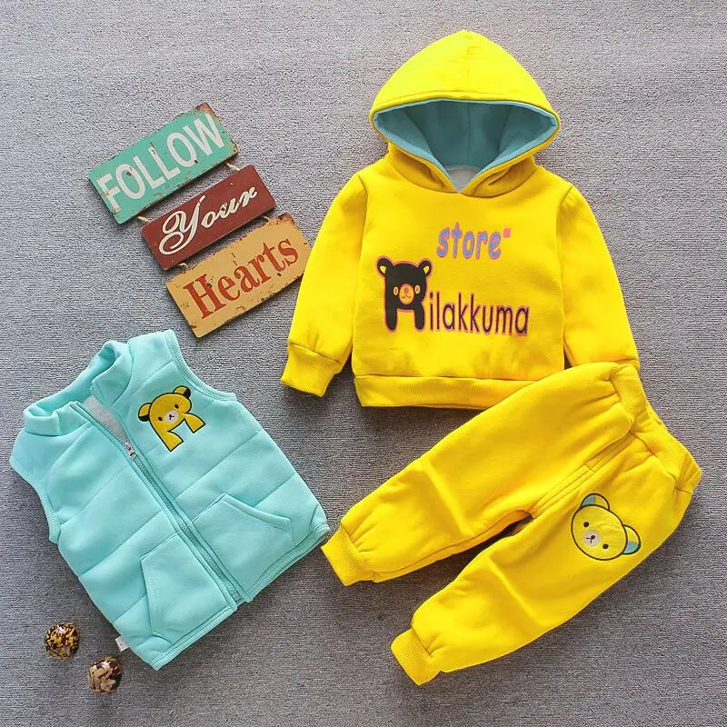 Yellow Autumn Winter Baby Boys Clothes Sets Thick Fleece Cartoon Bear Jacket Vest Pants 3Pcs Cotton Sport Suit For Girls Warm Outfits