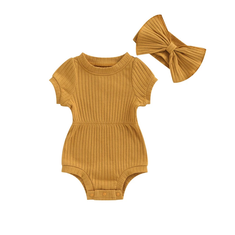 Adorable Baby Girls Cotton Romper with Bow Headband Set